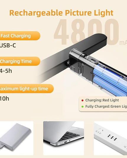 Picture Lights for Wall Battery Operated 4800mAh, 10inch Rechargeable Display Light with Remote/Rotatable, Dimmable/3CCT LED Art Cordless Lamp for Painting/Gallery Artwork/Portraits/Frame/Poster 2Pack