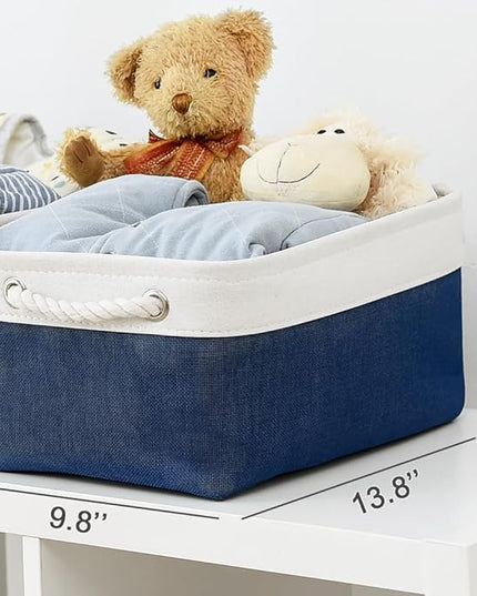 TheWarmHome Storage Basket for Organizing - Medium 3 Pack 14x10x7 inch Fabric Storage Cubes for Shelves with Rope, Collapsible Storage Bin for Organizer Closet Cloth Gift Toy (White & Jean Blue)