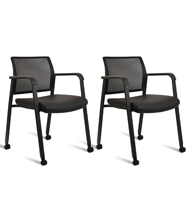 CLATINA Stacking Office Chair with Wheels, Mesh Back Waiting Room Guest Chairs with Arms Comfortable Leather Cushion Stackable Desk Chair for Conference Reception School Side Stationary, Black, 2PK
