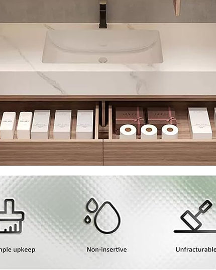 Floating Wood Bathroom Vanity - 2 Large Deep Drawer & Marble Countertop & Open Shelf | Bathroom Led Mirror, Bathroom Vanity with Sink (46'')