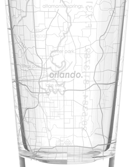 Well Told Engraved Orlando Florida Map Pint Glass, Etched Beer Gift (16 oz, Clear) City Map Pint, Custom City Glassware, Gifts For Beer Lovers