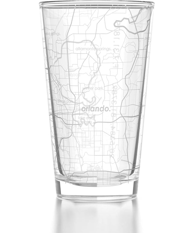 Well Told Engraved Orlando Florida Map Pint Glass, Etched Beer Gift (16 oz, Clear) City Map Pint, Custom City Glassware, Gifts For Beer Lovers