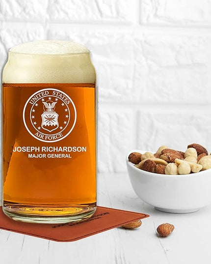 Custom Military Beer Glass Set - 4 Personalized 16 oz. Glasses for Army, Navy, Air Force & Coast Guard - Great for Active & Retired Service Members (BEER CAN)