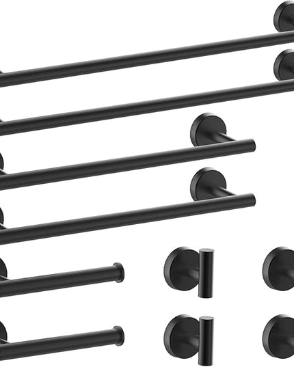Newfun 10 Pieces Matte Black Bathroom Hardware Set - Includes 24 inch Towel Bar, Robe Hook, Toilet Paper Holder, Stainless Steel Bathroom Accessories Set for Bathroom Wall Mounted