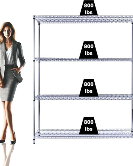 NSF Commercial 4-Tier Wire Shelving with Wheels, 60"x18"x72" Heavy Duty Metal Shelves 3200 lbs Max Capacity, Chrome Storage Rack for Garage Kitchen Pantry Warehouse