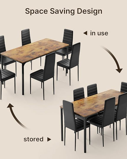 Gizoon Dining Table Set for 6, Kitchen Table Chairs Set of 6, 7 Piece Kitchen Table Set with 6 Upholstered PU Leather Chairs for Dining Room, Living Room, Apartment, Small Space, Retro