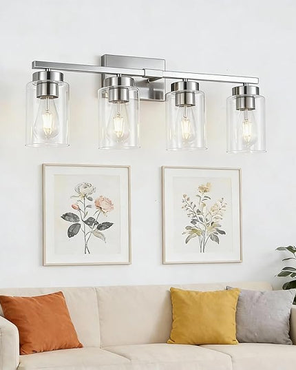 4-Light Bathroom Light Fixtures, Nickel Modern Vanity Lights Over Mirror, Bathroom Wall Sconces with Clear Glass Shade for Living Room Bedroom Hallway Cabinet Porch