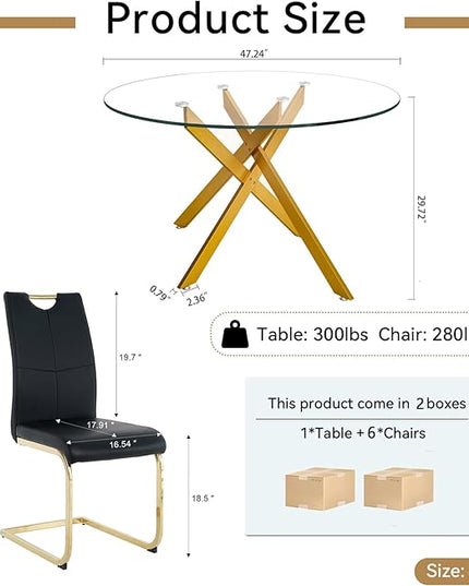 7 Piece Round Dining Table Set for 6, Modern Glass Kitchen Dining Room Table Set for 6, 47" Circle Gold Glass Metal Dining Table with 6 Black PU Leather Dining Chairs for Kitchen Dining Room
