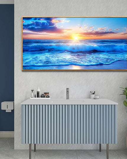 Wapluam Wood Framed Canvas Wall Painting - Large Wall Art For Living Room, Bedroom, Office Decor - Blue Sea Wave Pictures - Modern Beach Seascape Posters