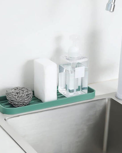 Silicone Kitchen Sink Organizer Tray for Multiple Usage,Eco-Friendly Sponges Holder for Kitchen Bathroom Counter or Sink,Dish Soap Dispenser,Scrubber,Bottle,Cup (Green, 12"×4")