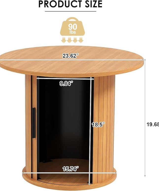 COSVALVE Round Wood Coffee Table 23.6IN with Hidden Storage & Sliding Door, Circle Farmhouse Side Table Sets for Living Room, Bedroom, Balcony, Small Spaces, Natural