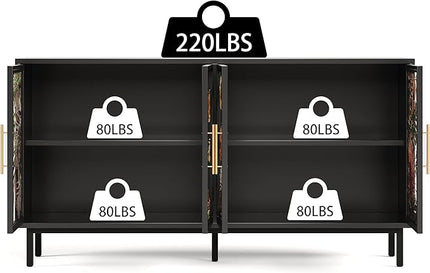 GDFStudio 60.3" Retro Buffet Sideboard Cabinet with 4 Glass Doors, Modern Glazed Painting Art Storage Cabinet Console Table, Artistic Tropical Glass Credenza Buffet for Living Room Dining Room, Black