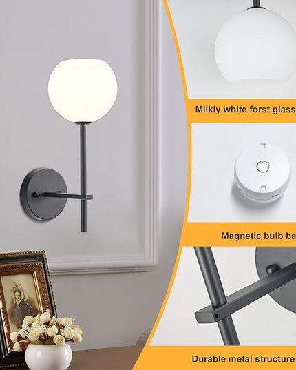 Black Battery Operated Wall Sconces Set of 2, Rechargeable Wireless Wall Lights with Milky White Frosted Glass Shade, 12 RGB and 3CCT Dimmable, Wall Lamps with Remote for Bedroom Living Room Hallway