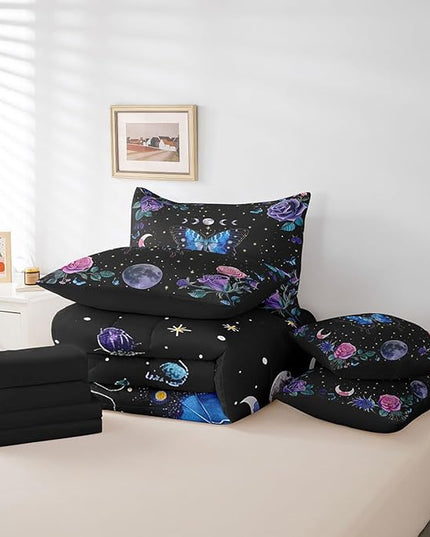 Feelyou Boys Girls Blue Moth 7 Pieces Bedding Sets Queen Size, Boho Aesthetic Bed in A Bag Star Moon Comforter Set with Sheets Kids Flower Teens Bed Set Room Decor