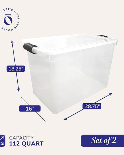 HOMZ 2-Pack Latching Lid, Large Clear Plastic Storage Bins w/Lids, 112 Quart, Gray Latch - Stackable Container Boxes for Home, Bathroom, and Office Organization
