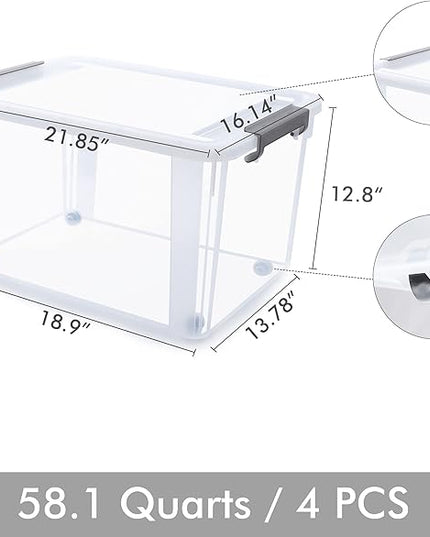 Citylife 58.1 QT Plastic Storage Bins with Latching Lids Stackable Storage Containers for Organizing Large Clear Storage Box for Garage, Closet, Kitchen, 4 Packs