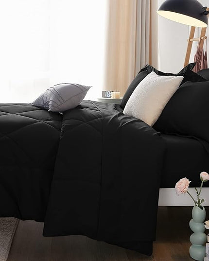 CozyLux King Size Comforter Set Black - 7 Pieces Bed in a Bag King, Luxury Soft Bed Set for All Seasons, Bedding Set with Down Alternative Comforter, Sheets, Pillowcases & Shams
