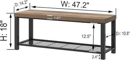 FOLUBAN Entryway Bench, Industrial Wood and Metal Storage Bench with Metal Shelf, Indoor Shoe Rack Bench Seat for Living Room, Bedroom, Hallway, Entrance, Rustic Oak, 47 Inch