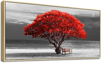 Framed Canvas Wall Art For Living Room Large Size Wall Decor For Bedroom Black White With Beach Wall Painting Moon Red Trees Canvas Pictures Artwork Boho Home Decorations Natural Wood Framed 24" X 48"