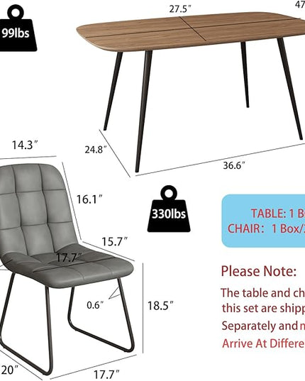 47.2'' Dining Table Set for 4,Modern Wood Dining Table,Leather Dining Chairs 4,Table and Chairs Set of 4,Ideal for Kitchen Dining Room (Walnut Color Table + 4 U-Shaped Gray Chairs, 47.2")