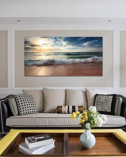 Ocean Beach Pictures Canvas Wall Art Decor for Living Room Paintings Bedroom Home Decorations Modern Stretched and Framed Seascape Waves Landscape Canvas Prints Artwork (24inchx48inch, Beach1)