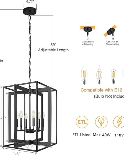 6-Light Modern Farmhouse Black Foyer Chandelier, 20.6'' Rustic Metal Chandeliers for Dining Room, Adjustable Industrial Vintage Lantern Hanging Light Fixture for Entryway, Kitchen, Hallway