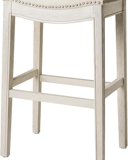 Maven Lane Adrien Backless Bar Stool – 31 Inch Saddle Seat with Footrest – Cream Solid Wood Frame & Natural FabricUpholstery – Ideal for Bars, Pub Tables & Tall Kitchen Counters