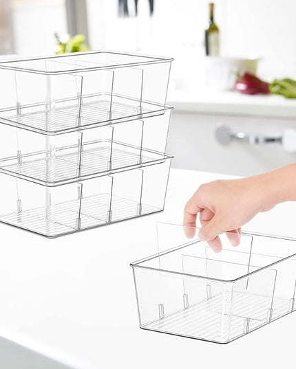 wilfox Pantry Organization, 3 Pack Clear Organizer Bins with Removable Dividers for Pantry, Kitchen, Fridge, Cabinet, Stackable Storage Bins for Snack, Pouches, Spice Packets