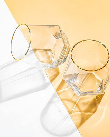 Diamond Wine Glass Set of 2, Modern Stemless Golden Edge Glass Cups Drinking Glassware for Serving Party,Home,Bar, Restaurants Transparent