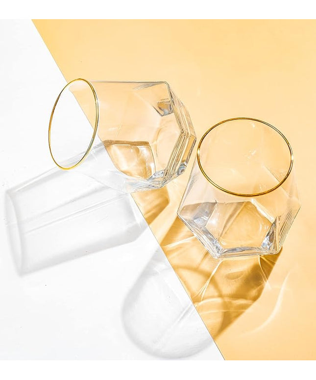 Diamond Wine Glass Set of 2, Modern Stemless Golden Edge Glass Cups Drinking Glassware for Serving Party,Home,Bar, Restaurants Transparent