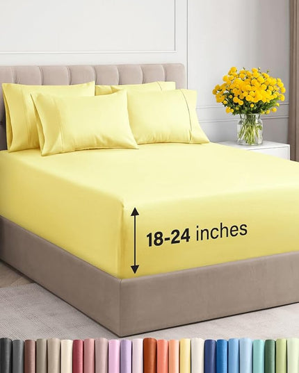Extra Deep Full Sheet Set - 6 Piece Breathable and Cooling Sheets - Hotel Luxury Bed Sheets Set - Easy & Secure Fit - Soft, Wrinkle Free and Comfy Sheets Set - Yellow Sheet Set with Extra Deep Pockets