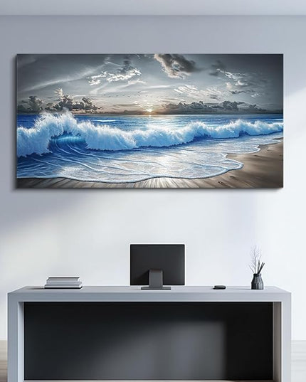 PHAOHUAXM Large Canvas Printed Artworks Mural Wall Decor For Living Room Wall Art For Bedroom Office Decor Black White And Blue Ocean Wave Landscape Painting Modern Home Decor Ready To Hang 30"X60"