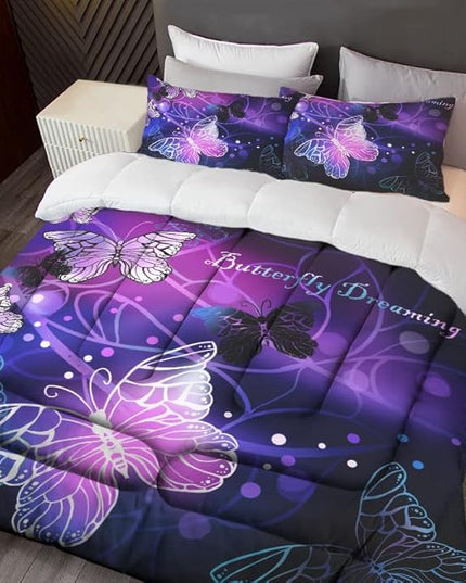 Sunnycitron Butterfly Comforter Set for Girls 3D Purple Butterfly Bedding with Comforter Full Size Girls Neon Butterflies Purple Bed comforters Full,1 Comforter + 2 Pillowcases