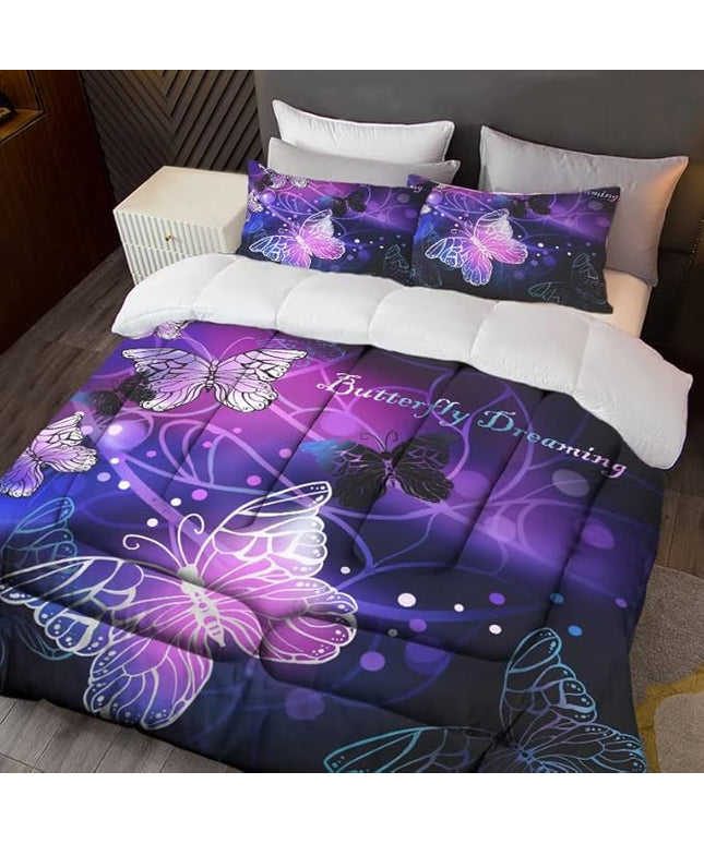 Sunnycitron 3D Purple Butterfly Bedding Queen Comforter Set Dreamy Butterfly Comforter Set for Girls Neon Butterflies Purple Bed Comforter (1 Comforter + 2 Pillowcases),Easy-Wash Fade Resistant