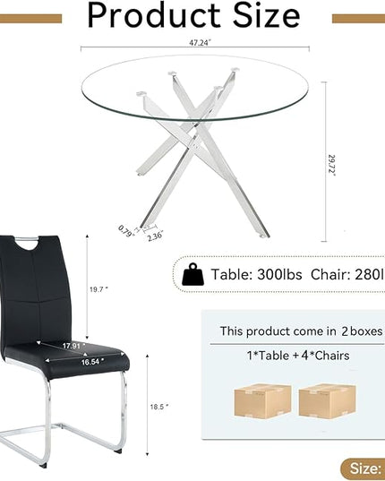 5 Piece Round Dining Table Set for 4, Modern Glass Kitchen Dining Room Table Set for 4, 47" Circle Silver Glass Metal Dining Table with 4 Black PU Leather Dining Chairs for Kitchen Dining Room
