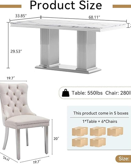 HomVent 68.11'' Rectangle Dining Table Set for 6, Modern Faux Marble Table with Stainless Steel Base (Silver with 6 Beige Chairs, 7 Pieces)