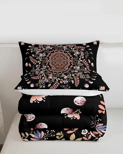 Sun and Moon Kids Comforter Set Queen Size,Mandala Flowers Leaves Boho Exotic Bedding Set,Boys Girls Adults Room Decor,Starry Sky Datura Trippy Down Comforter,Colorful Duvet Insert,2 Pillowcases