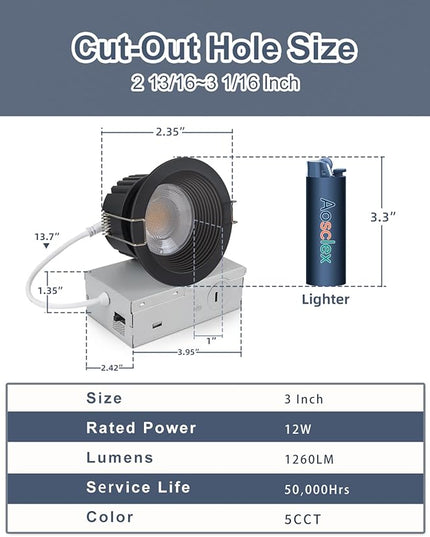 3 Inch 5CCT Anti-Glare LED Recessed Lights with Junction Box, 2700K/3000K/3500K/4000K/5000K Selectable, 12W 1260LM CRI90+, Dimmable Canless Waterproof Downlight, ETL & FCC（Black, 6 Pack）