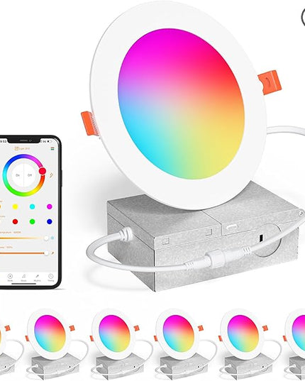 Smart Recessed Lighting 4 Inch RGBCW Color Changing 12W LED Downlight with Junction Box,1080 Lumen Recessed Ceiling Light Compatible with Alexa,Dimmable by Bluetooth Control -6Pack