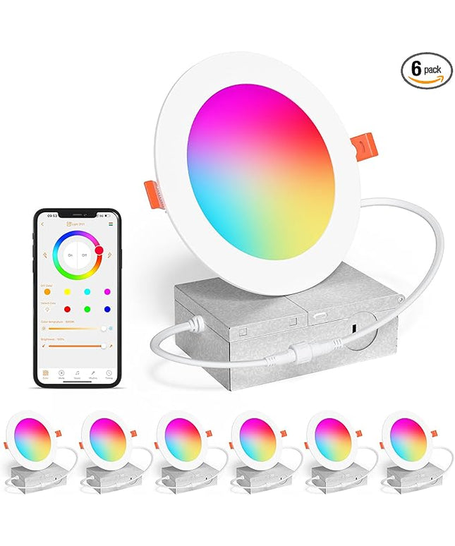 Smart Recessed Lighting 4 Inch RGBCW Color Changing 12W LED Downlight with Junction Box,1080 Lumen Recessed Ceiling Light Compatible with Alexa,Dimmable by Bluetooth Control -6Pack