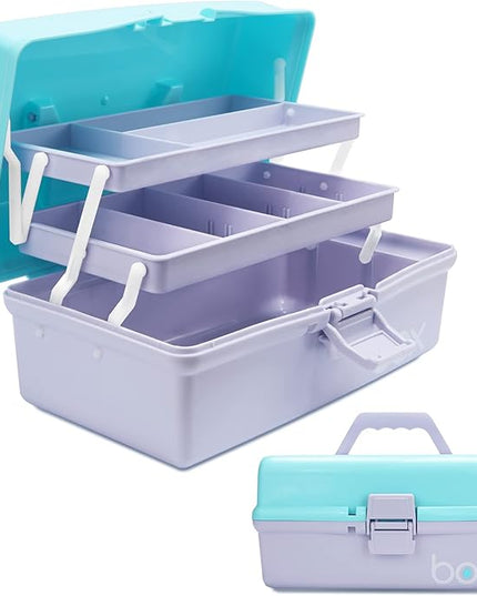 12in 3-Layer Plastic Craft Organizers and Storage, Portable Folding Tackle Box with Handle & Adjustable Dividers, Multipurpose Case for Sewing, Art Supplies, Medicine, Tools (Purple Blue)