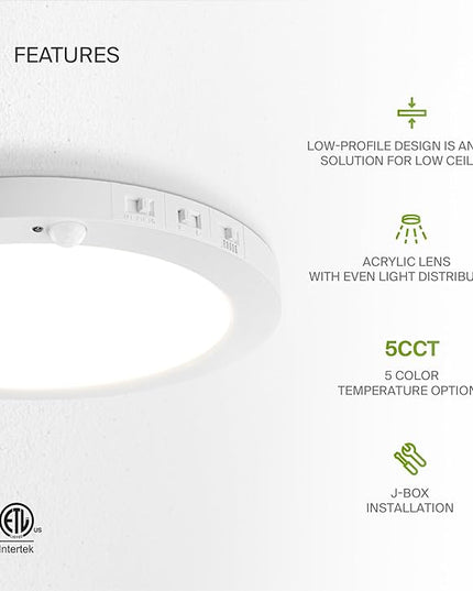 ASD LED 12" Round Flush Mount Ceiling Light Fixture, Low Profile Surface Lighting | 5CCT, Motion Sensored, Ultra-Thin, ETL Listed | 24W 1700LM 2700-6000K 120V | Kitchen, Hallway Lamp | White, 4 Pack