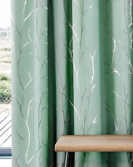 BUHUA Blackout Curtains 84 Inch Long 2 Panels, Soundproof Curtains with Elegant Silver Tree Branches Print, Heat Blocking Curtains for Livingroom, 52W x 84L, Aqua