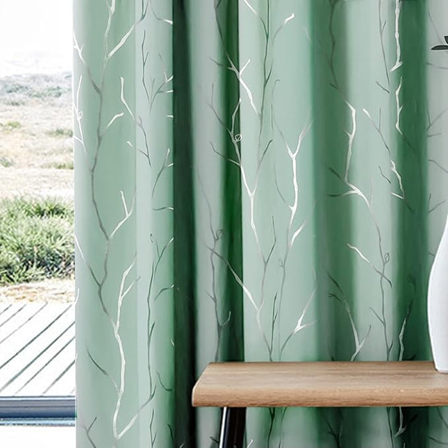 BUHUA Black Out Curtains 72 Inch Long 2 Panels, Soundproof Curtains with Elegant Silver Tree Branches Print, Heat Blocking Curtains for Livingroom, 38W x 72L, Aqua