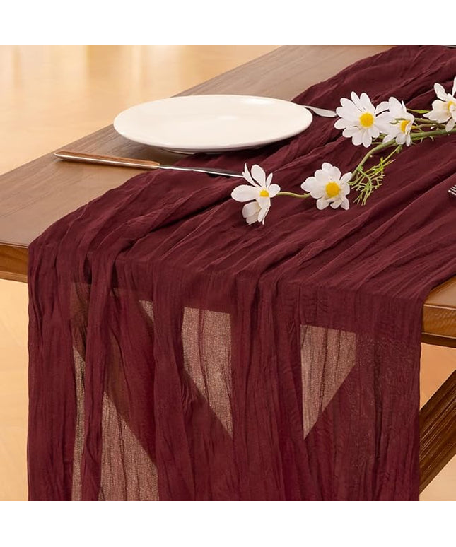 Socomi 10pcs Burgundy Red Christmas Cheesecloth Table Runner Boho Rustic Gauze 120 inch 10FT Cheese Cloth Runner for Wedding Party Baby Shower Birthday Home Decor Holiday Decorations