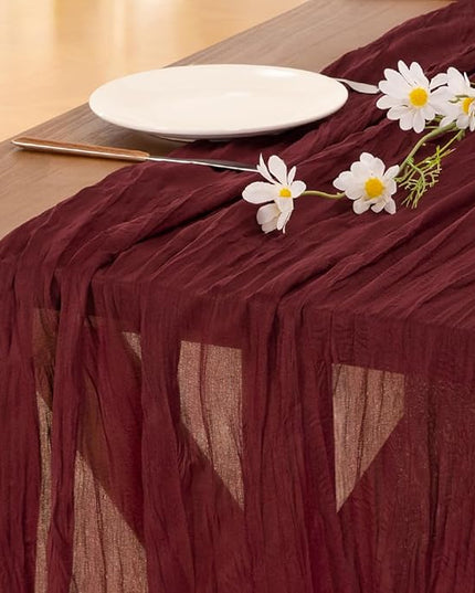 Socomi 3pcs Burgundy Red Christmas Cheesecloth Table Runner Boho Rustic Gauze 120 inch 10FT Cheese Cloth Runner for Wedding Party Baby Shower Birthday Home Decor Holiday Decorations