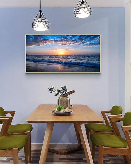 Natural Wood Framed Canvas Wall Art For Living Room Large Size Wall Decor For Office Bedroom Decorations Blue Sea Beach Pictures Artwork Sunny Ocean Wall Painting Home Decor 20" X 40"