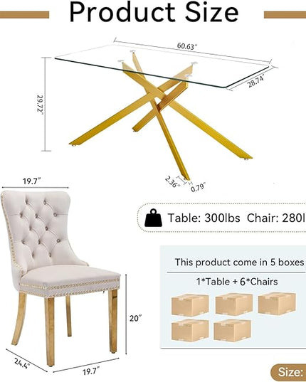 60.63in Rectangular Glass Dining Table Set for 6, Glass Gold Kitchen Table and Chair Set for 6, Modern 7 Piece Dining Room Set with 6 Fabric Upholstered Chairs, Metal Legs Home Kitchen Furniture