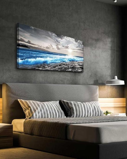 hyidecorart Wall Decor For Living Room Framed Canvas Wall Art For Office Bedroom Decorations Blue Ocean Wall Painting Black and White Beach Pictures Artwork Modern Mural Home Walls Decor