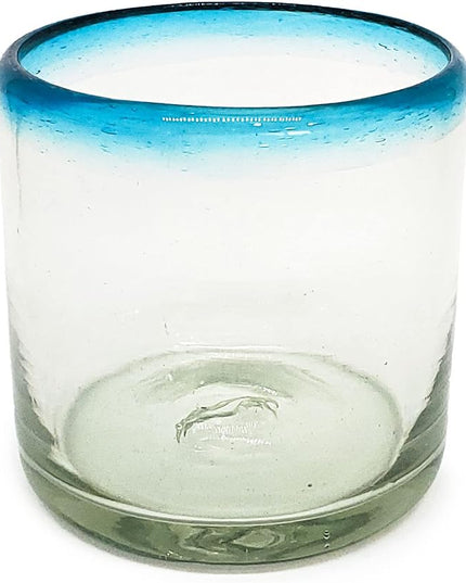 Aqua Blue Rim 8 oz DOF Rocks Glasses (set of 6) Mexican Handmade Glassware, Recycled Glass, Lead-free, Toxin-Free (DOF Rocks)